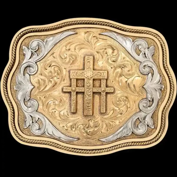"Designed for everyone. Our Trinity Belt Buckle is expertly hand-engraved on a Jeweler's Bronze base, showcasing a stunning two-toned design. The German Silver features intricate western-inspired scrollwork that gleams beautifully against the rich br